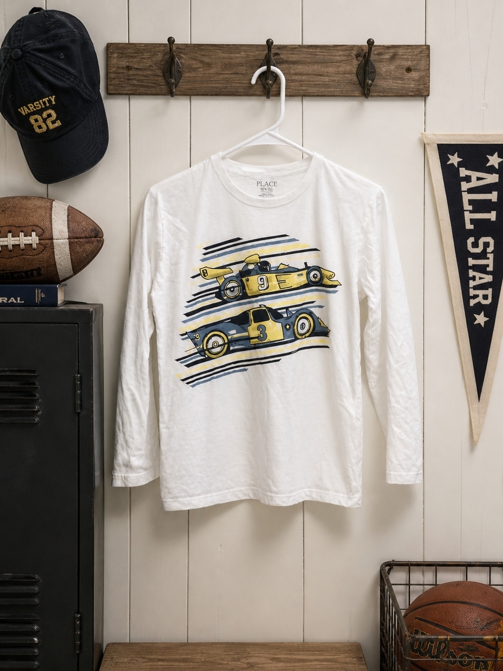 Place White Long Sleeve Tee with Yellow & Blue Race Car Graphic
